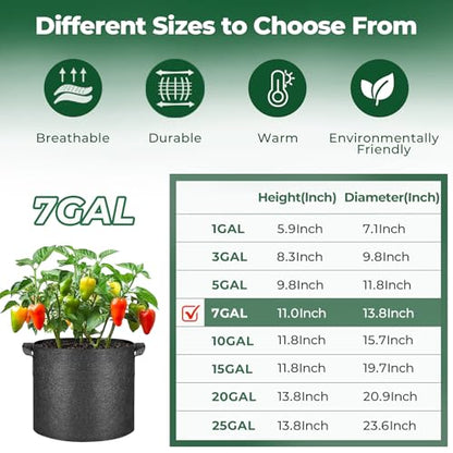 T4U Fabric Plant Grow Bags with Handle 7 Gallon Pack of 5, Heavy Duty Nonwoven Smart Garden Pot Thickened Aeration Nursery Container Black for Outdoor Potato, Tomato, Chili, Carrot and Vegetables - size: 7 Gallon-5 Packs
