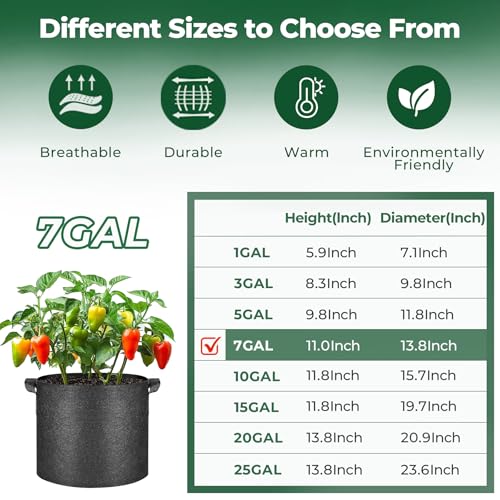 T4U Fabric Plant Grow Bags with Handle 7 Gallon Pack of 5, Heavy Duty Nonwoven Smart Garden Pot Thickened Aeration Nursery Container Black for Outdoor Potato, Tomato, Chili, Carrot and Vegetables - size: 7 Gallon-5 Packs