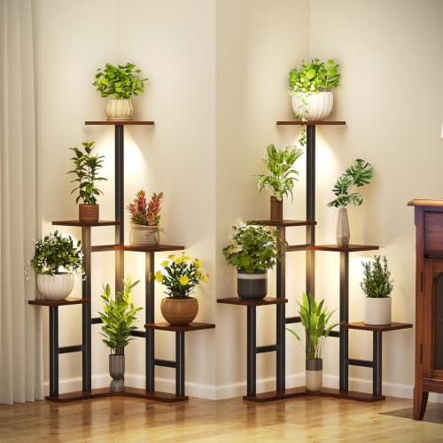 Yzosvki Corner Plant Stand Indoor with Grow Lights Set of 2 - color: Rustic Brown(with Lights), size: 6 Tier-Square-Set of 2