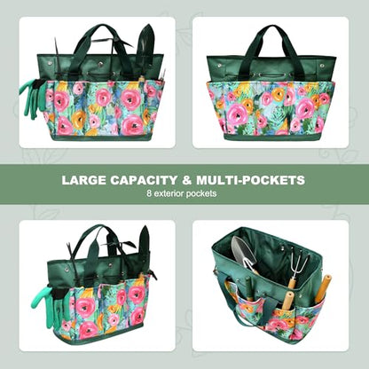 Waterproof Garden Tool Bag, 600D Oxford Portable Gardening Tote with Handle & Multi Pockets, Ideal Gifts for Parents Women (Green, Tools Not Included) - color: Green