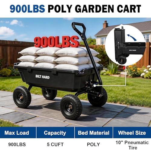 BILT HARD 900 lbs Poly Garden Dump Cart, 5 Cu.Ft Wheelbarrow Cart with 10" All Terrain Wheels & Quick-Release System, Heavy Duty Utility Wagon for Yard, Farm & Garden