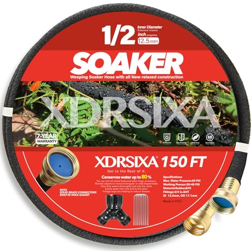 150FT 1/2" Heavy-Duty Soaker Hose with Solid Brass Connectors, Ultra-Flexible Even Water Flow with Metal Staples & Y-Splitter - size: 150 FT