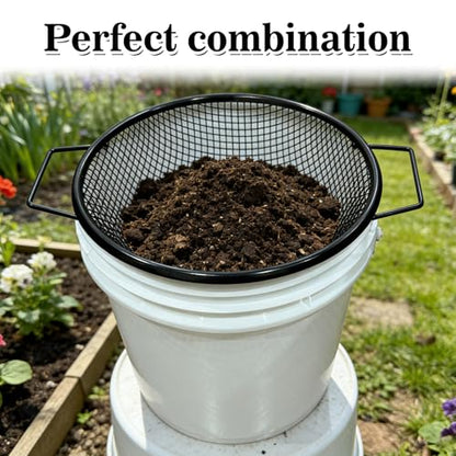 2Pcs Soil Sifter for Gardening, 1/6" & 5/16" Dual Mesh Heavy Duty Sieve with Upgrade Dual Handles, Fits 5 Gallon Bucket for Compost Dirt Sand Gravel Rocks Sawdust - color: 2PCS Black Handle 1/6in,5/16in