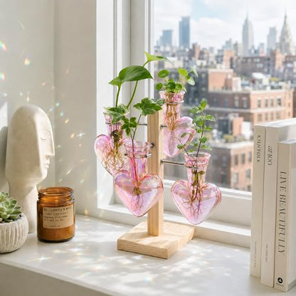 Nacome Plant Terrarium Propagation Stations: Pink Vase with Wooden Stand - color: Pink