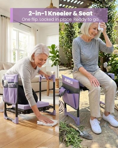 Aimerla K7 Foldable Garden Kneeler Seat, Upgraded Anti-Slip Base, 350LBS Capacity, 10.2" Wide EVA Pad & Detachable Cloud Cushion, 2-in-1 Kneeler Bench for Seniors, Gardening Gifts for Parents - color: Lavender