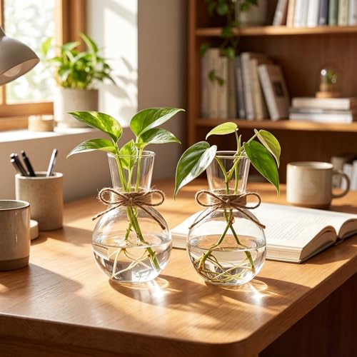 10 Pack Glass Plant Propagation Stations, Plant Terrarium Bulb Glass Propagation Vases with Hemp Rope, Clear Hydroponics Jars Gardening Gifts for Home Office Desk Decoration