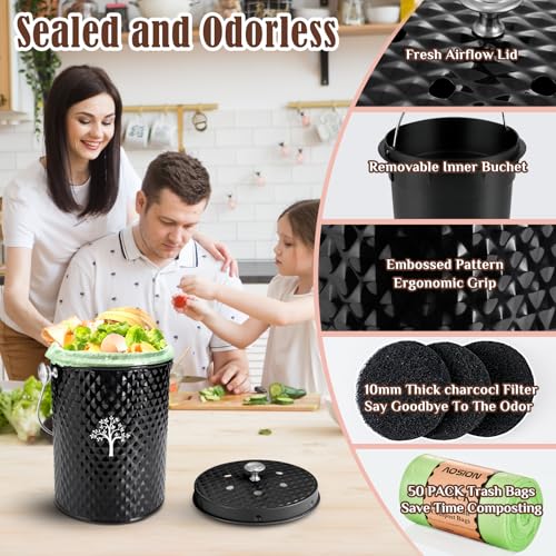 AOSION Countertop Compost Bin, Odor-Free Food Waste Container with 50 Bags - color: Black