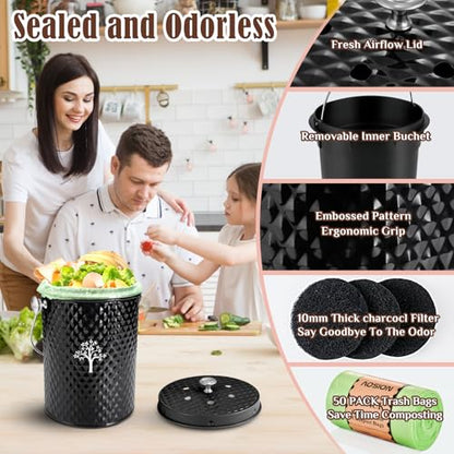 AOSION Countertop Compost Bin, Odor-Free Food Waste Container with 50 Bags - color: Black