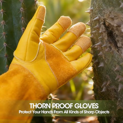 KDK Long Cowhide Gardening Gloves Men Women Thorn Proof Rose Pruning Gloves - size: Large