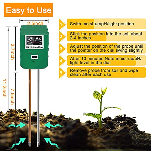 Soil Test Kit for Moisture, pH& Sunlight Meter,3 in 1 Soil Tester for Plant, Vegetables, Garden, Lawn, Farm, Indoor/Outdoor Use (No Battery Need) (Green 2.0)