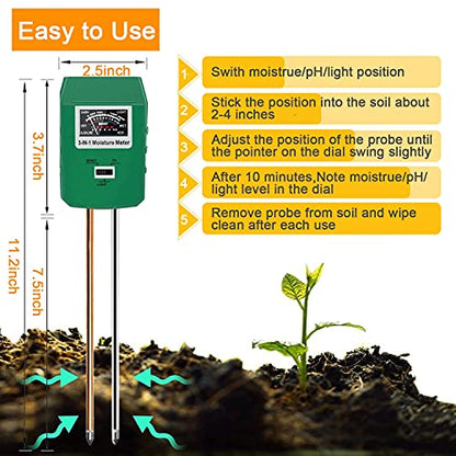 Soil Test Kit for Moisture, pH& Sunlight Meter,3 in 1 Soil Tester for Plant, Vegetables, Garden, Lawn, Farm, Indoor/Outdoor Use (No Battery Need) (Green 2.0)