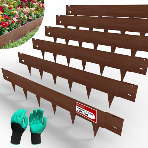 20ft (6-Pack) Cor-Ten Steel Landscape Edging – 40" x 8" Flexible Pre-Applied Rust Patina Garden Border - color: Rusted, size: 6 Pack ( 40 x 8IN )
