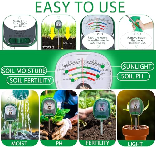 Soil Test Kit, 4-in-1 Soil Moisture Meter/Light/Fertility/Soil PH Meter for Gardening, No Need Battery Soil Tester for Indoor&Outdoor Garden,Farm,Lawn -GrassGreen