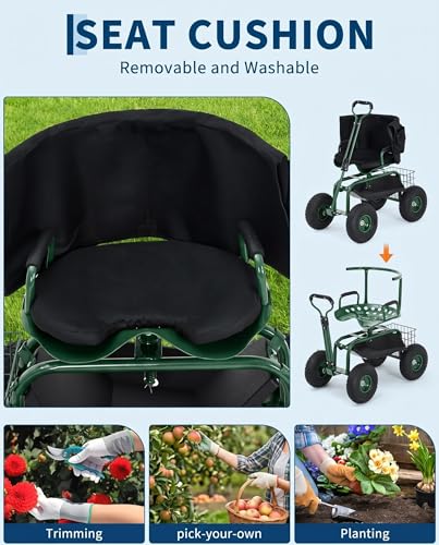 Garvee Heavy Duty Garden Cart, Garden Scooter Rolling Work Seat - color: Green With Back