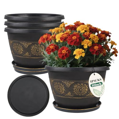 Usocik 10 Inch Plant Pots, 4 Pack, Gold Retro Floral - color: Gold, size: 10 Inch - 4 Pack