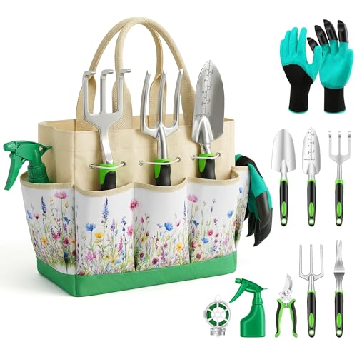 Gardening Tools 10-Piece, Heavy Duty Garden Tool Set with Fashion and Durable Garden Tools Organizer Handbag, Rust-Proof Gardening Hand Tools Weeding Kit, Ideal Gardening Gifts for Women - color: Green