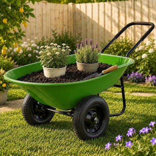 Enlarged Dual-Wheel Wheelbarrow, Easy Loading and Dumping Garden Cart, Heavy Duty Utility Dump Cart for Lawn, Yard, Farm, Gardening & Planting (Bright Green) - color: Bright Green