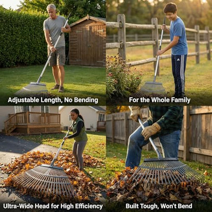 Metal Bow Leaf Rake with 25 Steel Teeth & 68" Stainless Steel Handle - size: 68-IN