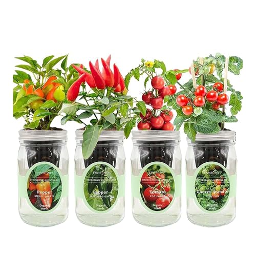 Hydroponic Herb Growing Kit Set, Self-Watering Mason Jar Herb Garden Starter Kit Indoor, Grow 4 Kinds of Herbs from Seeds (2 Tomato & 2 Pepper) - color: 2 Tomato & 2 Pepper