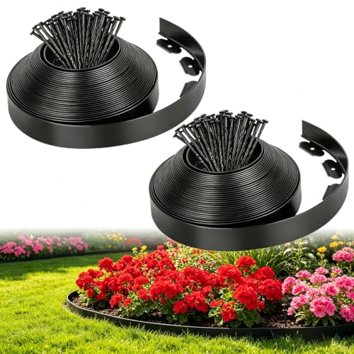 FunFanso 2 in Tall 66FT Landscape Edging Border with 100 Spikes, No Dig Kit - color: Black, size: 2 In x 66 FT