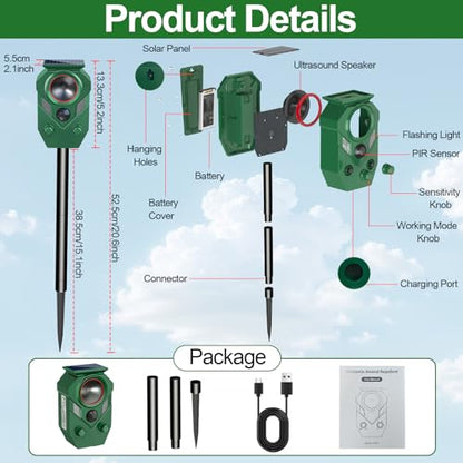 Solar Powered Ultrasonic Animal Repeller with PIR Sensor, 4 Pack - size: 4 Count (Pack of 4)