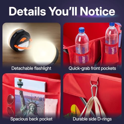 39" L Collapsible Wagon with All-Terrain Wheels, 460 lbs Foldable Cart with Detachable Flashlight, Pockets & Flexible Steering Handle, Red Utility Heavy Duty Folding Beach Wagons Carts - color: Red