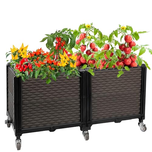 Raised Plant Box with Wheels 31.5"x15.7"x16.1", Raised Beds for Gardening Self Watering, Durable Metal Lockable Casters, Rectangular Garden Planter Perfect for Garden Patio Balcony Deck - size: L 32"xW 16"xH 16"