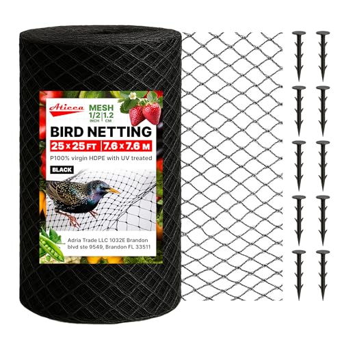 ATICCA 25 x 25 FT Heavy Duty Bird Netting for Garden, 10 Stakes, Black - size: 25x25 Bird Netting
