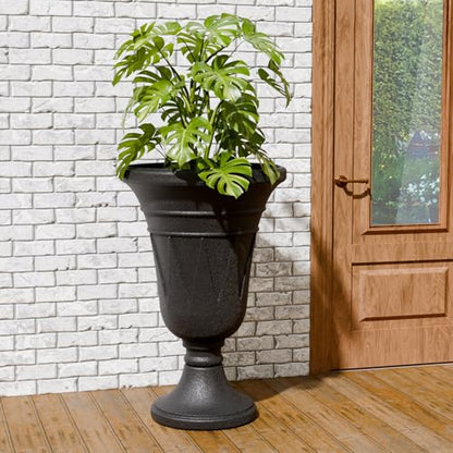 Tall Plastic Urn Planters and Pedestal - 24" Outdoor Planter Black - color: Black-trophy