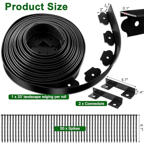 Landscape Edging, 2 Inch Tall 33 Ft No Dig Landscape Garden Edging Border Kit with 50 Anchoring Spikes, Plastic Garden Border for Landscaping Flower Bed Lawn Yard Grass Paver Pathway Walkway, Black - size: 2IN x 33FT