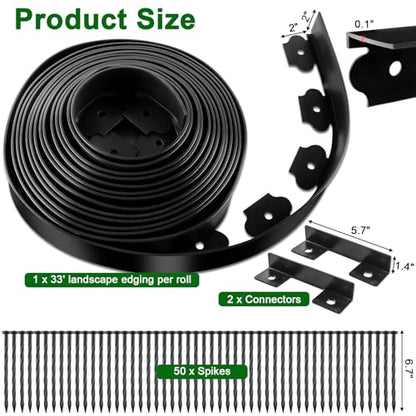 Landscape Edging, 2 Inch Tall 33 Ft No Dig Landscape Garden Edging Border Kit with 50 Anchoring Spikes, Plastic Garden Border for Landscaping Flower Bed Lawn Yard Grass Paver Pathway Walkway, Black - size: 2IN x 33FT