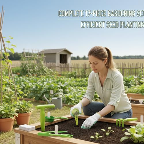 Seed Planter Tool, 17-Piece Gardening Kit with Seed Planter, Dibber, and Plant Labels, Ideal for Indoor and Outdoor Planting, Made of Durable Plastic Materials
