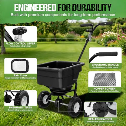 PPOLB Broadcast Spreader for Lawns, 100LB Fertilizer Spreader with 30-Level Flow Control, Walk Behind Lawn Seed & Salt Spreader, 0–10FT Coverage, Hopper Screen, Rain Cover, 12" Pneumatic Wheels - size: 100LBS