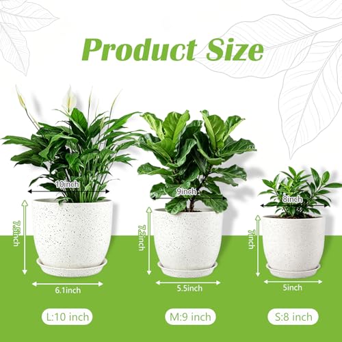 10/9/8 Inch 3 Pack Speckled White Plant Pots with Drainage Holes and Saucers, Indoor Outdoor Decor Planters for Succulents, Herbs and Houseplants - color: Speckled White