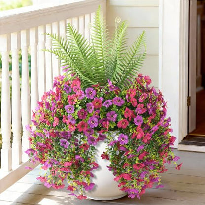 INQCMY Artificial Fake Hanging Flowers with Fake Fern for Outdoors - color: 3pcs Purple Rose,1pcs Fern
