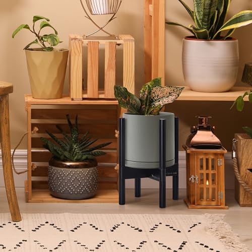 D'vine Dev Ceramic Pot with Ebony Wood Stand, Grey, 8 in, 55-B-M-3 - color: Grey Pot + Ebony Stand, size: 8 Inch