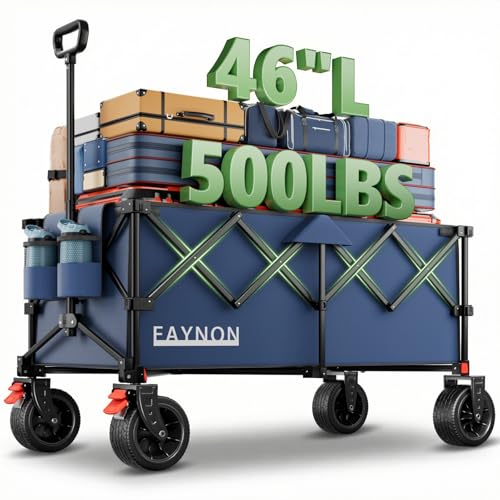 46" L Collapsible Foldable Extended Wagon, 500LB Weight Capacity with 280L Heavy Duty Folding Cart,Utility Wagon with All-Terrain Beach Wheel & Drink Holders,Blue - color: Blue