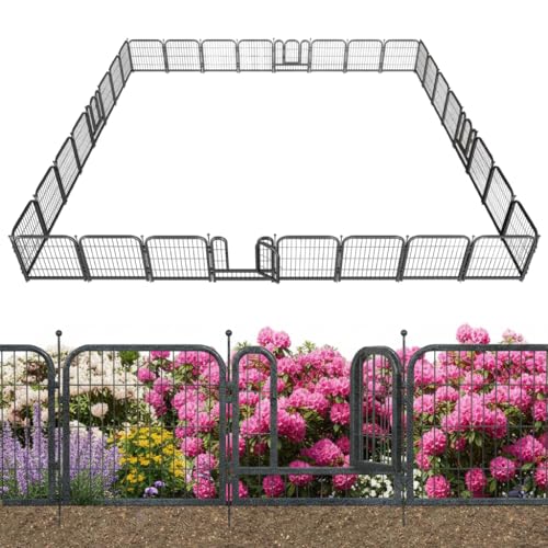 Decorative Garden Metal Fence 72ft (L)×24in (H) with 28 Panels 4 Gate Outdoor, No Dig Rustproof Wire, Animal Barrier Fencing for Outdoor Yard Patio Flower Bed,（Black-Silver） - size: 24in(H)x64ft(L)