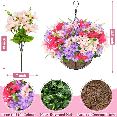 Artificial Faux Hanging Plants Flowers Basket for Outdoors Spring Summer Decoration, Hanging Planters with Fake Silk Hyacinth Flower UV Resistant for Outside Porch Patio Balcony Garden Purple Fuchsia - color: Hyacinth Fuchsia Mix