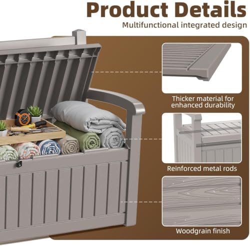 EasyUp 100 Gallon Wood-Grain Storage Bench, Waterproof & Lockable，Beige - color: Beige, size: 100 Gallon