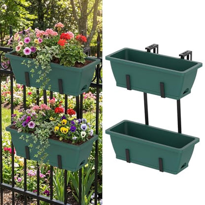 CADUKE 2-Tier Deck Railing Planter Boxes, 16.9 Inch Hanging Fence Flower Boxes with Detachable Hooks & Drain Holes for Porch & Garden, Green - color: Green