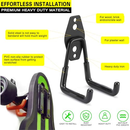 2 Pack Garage Hooks Heavy Duty Storage Organizer Wall Mount Power and Garden Tool Hangers, for Hanging Ladders, Ropes, Hose, Bulk Items - color: Black 2 pack