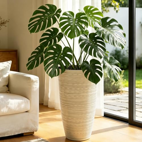24" Large Outdoor Planters for Plants, Cream Beige Tall Flower Pots - color: 23.5"h-ivory Stripes Texture