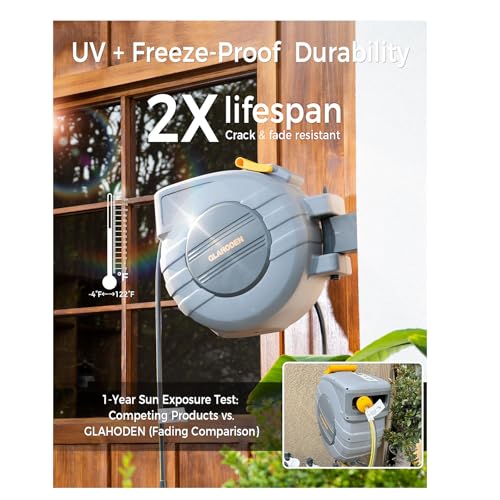 GLAHODEN 5/8 in x 100 ft Retractable Garden Hose Reel with Automatic Rewind - color: Light Gray, size: 5/8" 100FT
