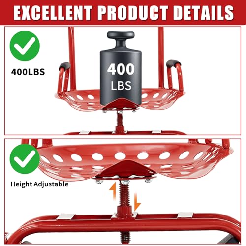 Rolling Garden Cart with Seat, Garden Workseat with 360-Degree Swivel - color: Red+backrest