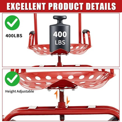 Rolling Garden Cart with Seat, Garden Workseat with 360-Degree Swivel - color: Red+backrest