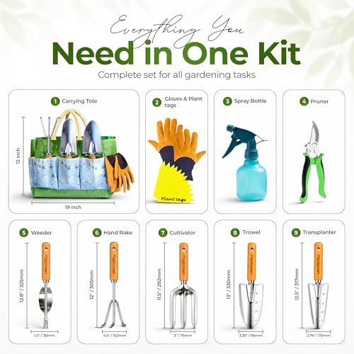 Gardening Tools Set with Organizer Handbag 9-Piece, Heavy‑Duty Rust‑Proof Garden Hand Tools, Wooden Handles,15 Plant Tags, Ideal Gardening Gift for Men & Women - style: Wooden - Pack of 9