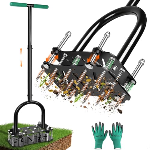 Adjustable Lawn Aerator Tool with Rebound Spring – 16 Sharp Metal Spikes Soil Aerator with Ergonomic T-Handle & Wide Foot Plate, Heavy Duty Yard Lawn Aerator for Garden Lawn Care - color: Green Spiked Aerator