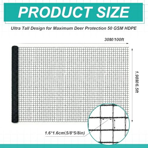 6.5ft*100ft Deer Fence Netting, Heavy Duty HDPE Mesh Animal Barrier, Black - size: 6.5ft*100ft