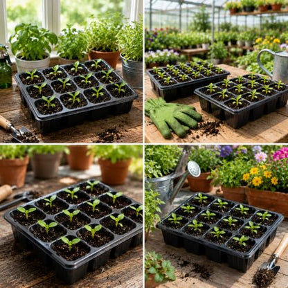 10 Pack Seed Starter Trays with Drainage Holes, Reusable 12 Cell Seedling Trays for Seed Starting, Plant Germination Trays for Herbs, Vegetables, Flowers, Indoor Greenhouse & Outdoor Gardening, Black